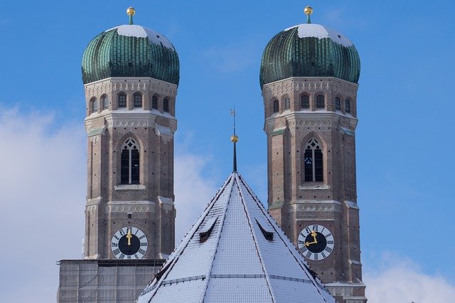 Twin towers of Frauenkirche in Munich, snow covered