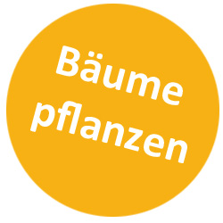 Runder, orangefarbener Kreis mit weißer Aufschrift Bäume pflanzen